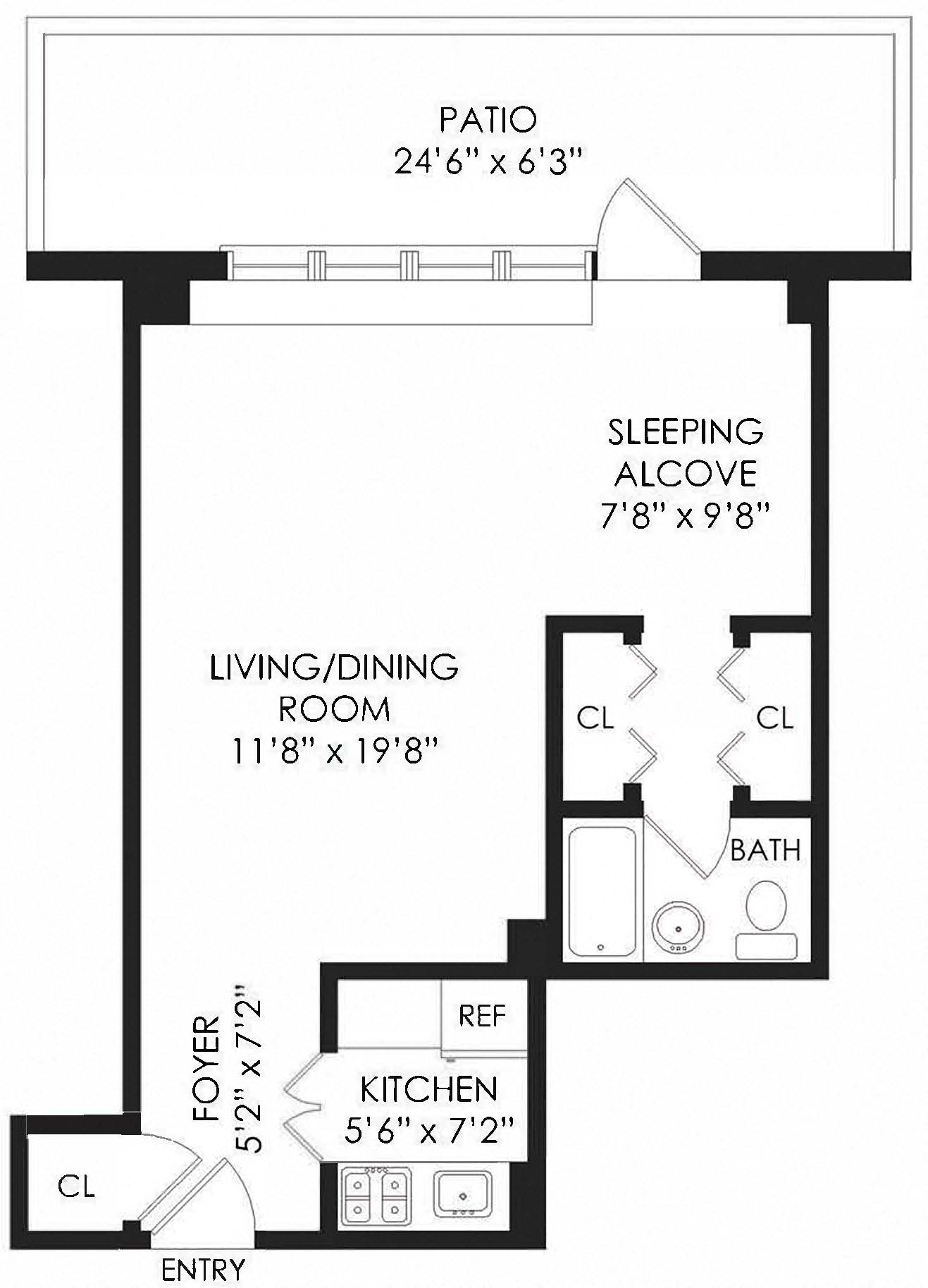 Floor plan for studio, 1 bath, 625 sqft